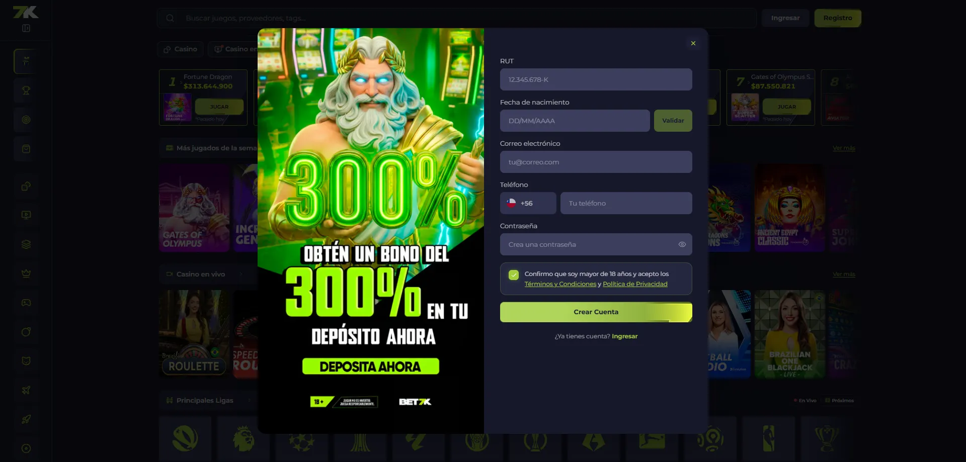 Proceso de registro en el sitio oficial de Bet7k Casino Chile