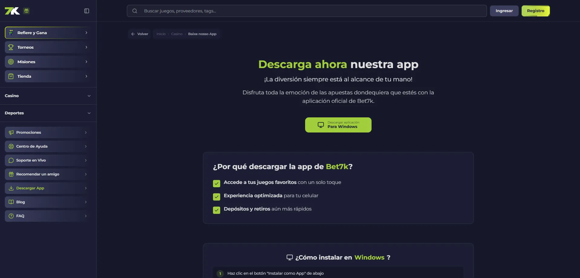 Aplicaci&oacute;n m&oacute;vil de Bet7k Casino para jugar desde tu smartphone