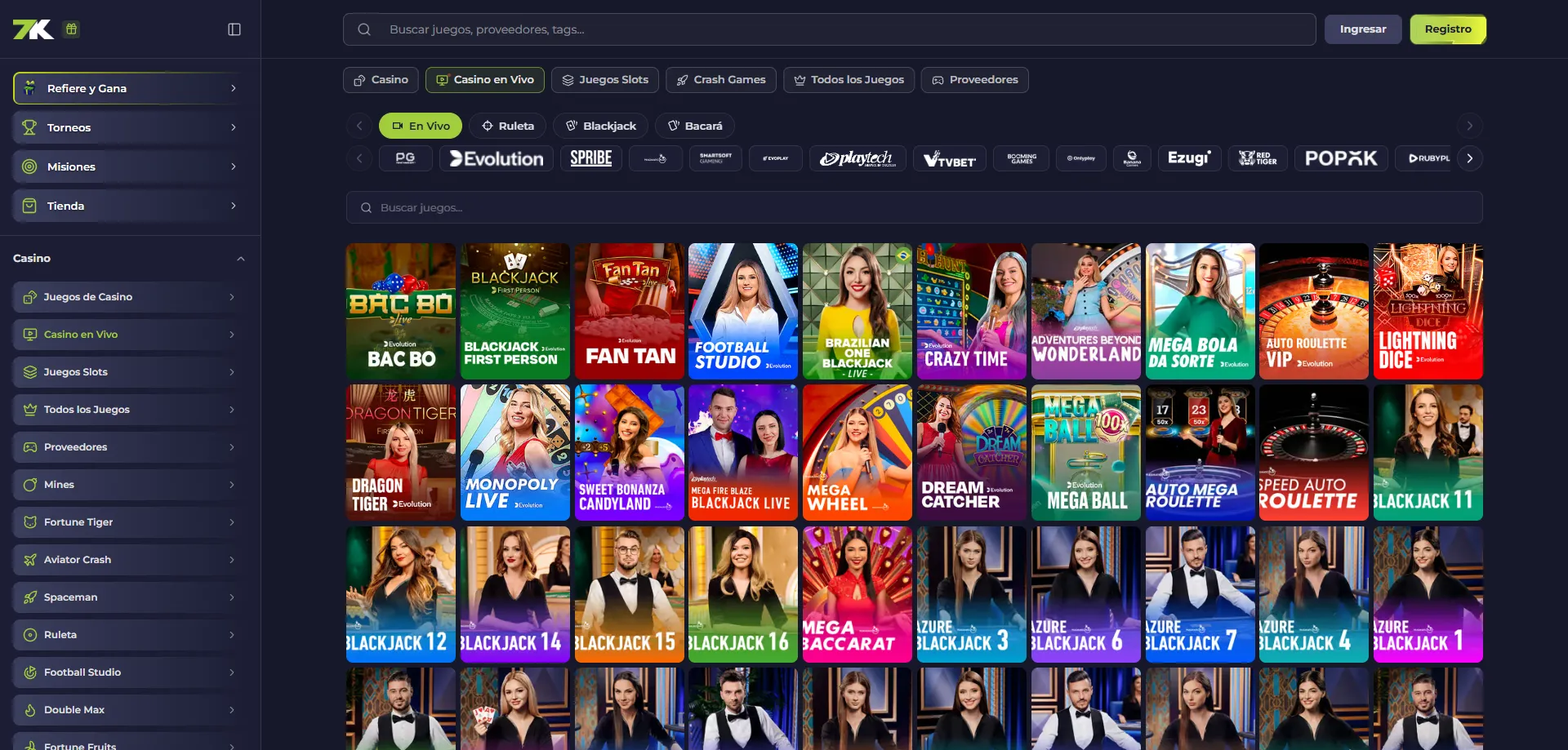 Vista general de la plataforma Bet7k Casino — juegos y acceso